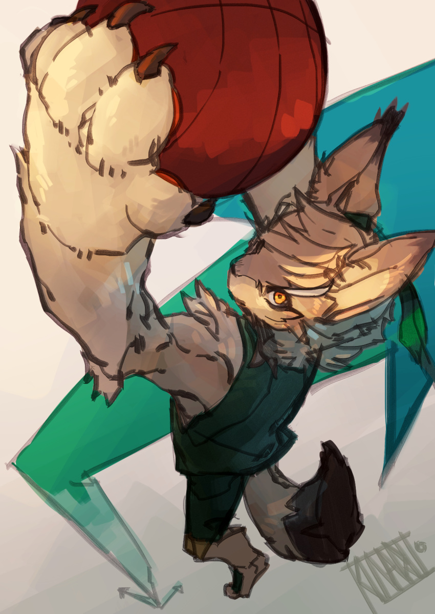 1boy, animal_ears, arrow_(symbol), artist_name, basketball, basketball_jersey, claws, commentary_request, fight_league, from_above, furry, furry_male, green_headband, green_shirt, green_shorts, headband, highres, jumping, kunaru_(799865444232548352), looking_up, lynx@pg_(fight_league), lynx_(fight_league), male_focus, pawpads, shirt, shorts, sleeveless, sleeveless_shirt, tail