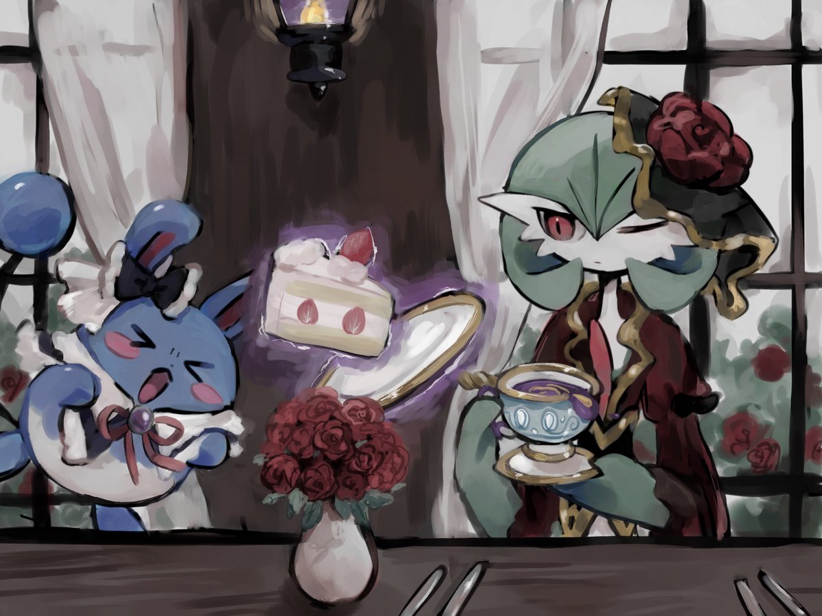 azumarill, black_bow, blue_skin, bow, cake, cake_slice, closed_eyes, clothed_pokemon