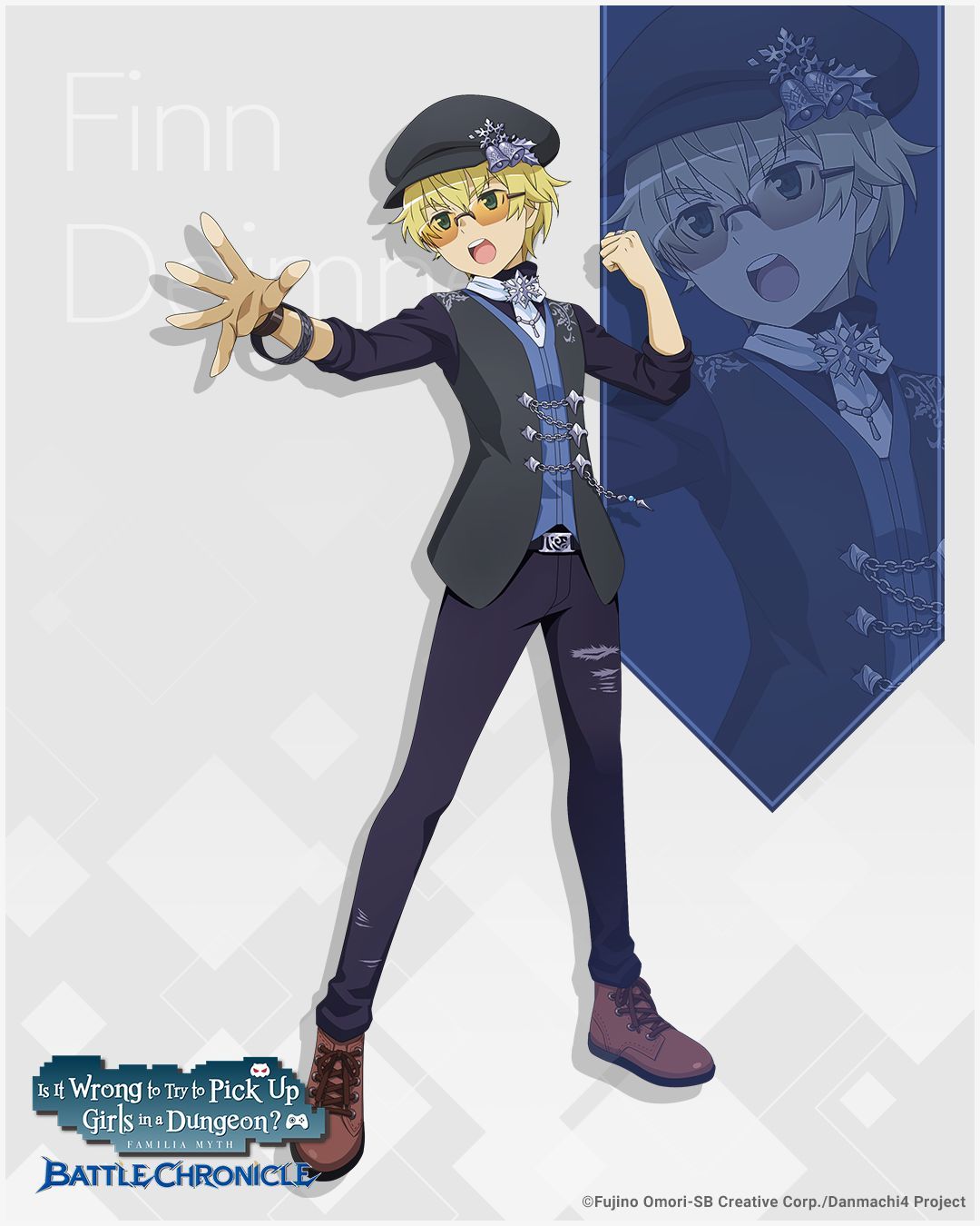 1boy, bell, black_hat, black_vest, blonde_hair, blue_eyes, brown_shoes, character_name