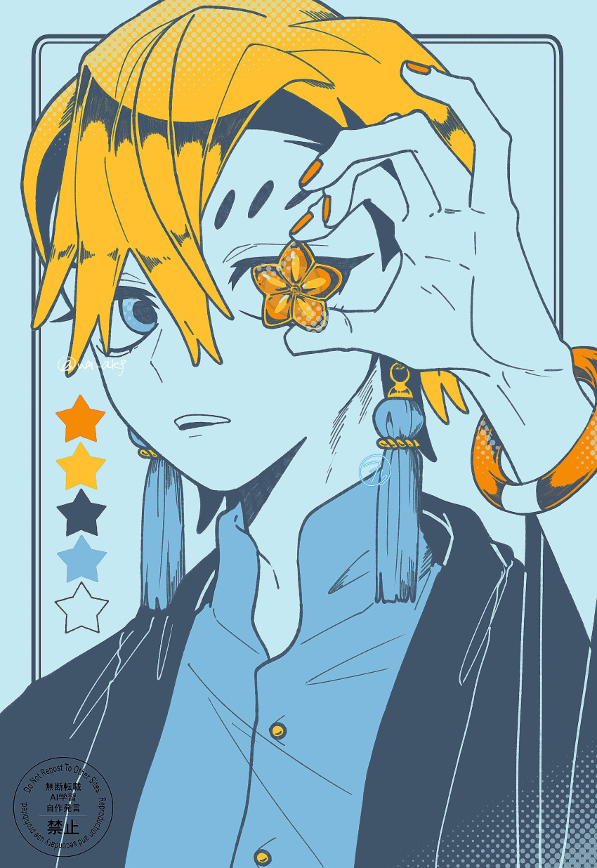 1boy, absurdres, black_hair, blonde_hair, blue_shirt, bracelet, buttons, earrings