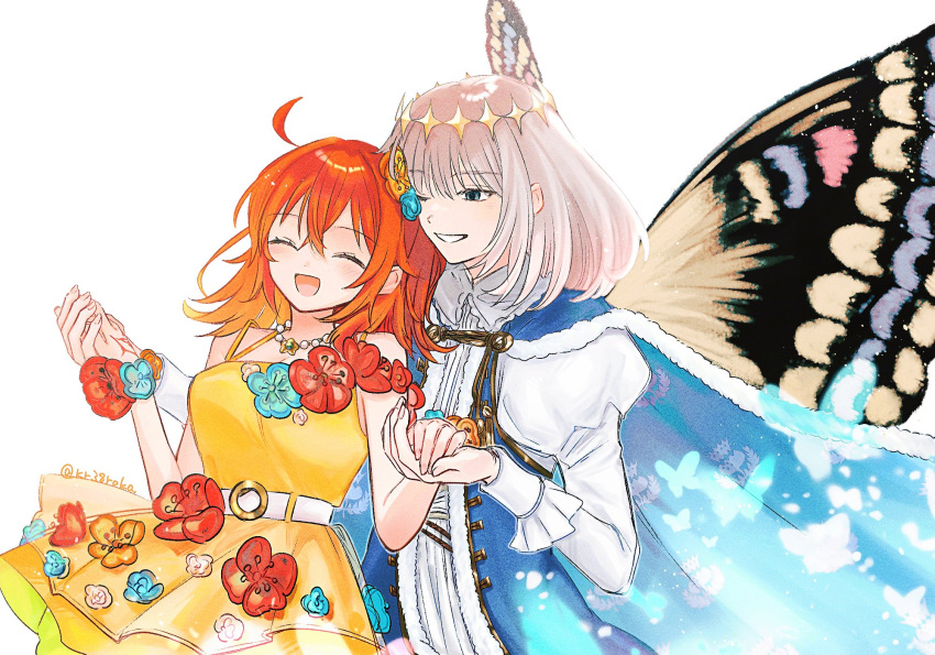 1boy, 1girl, ahoge, arthropod_boy, blue_eyes, blush, butterfly_wings, cape, closed_eyes, command_spell, crown, diamond_hairband, dress, dress_flower, fate/grand_order, fate_(series), flower, fujimaru_ritsuka_(female), fur-trimmed_cape, fur_trim, grey_hair, hair_between_eyes, highres, holding_hands, insect_wings, jewelry, kr38roka, long_sleeves, medium_hair, necklace, oberon_(fate), oberon_(first_ascension)_(fate), one_eye_closed, orange_hair, simple_background, smile, upper_body, white_background, wings, yellow_dress