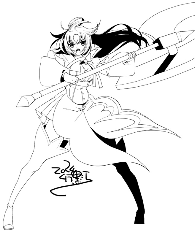 2024, asako_komaki, axe, battle_axe, black_outline, dated, double-sided_axe, floating_hair, full_body, greyscale, hair_floating_upwards, holding, holding_axe, long_hair, looking_at_viewer, magical_girl, mahou_shoujo_madoka_magica, mahou_shoujo_oriko_magica, monochrome, mura_kuroe, official_art, outline, weapon, white_background