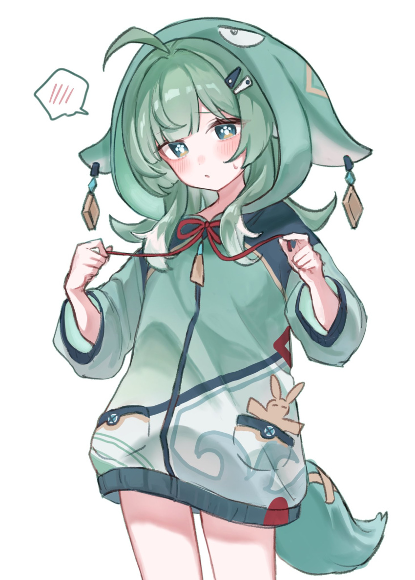 1girl, ahoge, alternate_costume, animal_ears, bandaid_on_tail, character_hood, cowboy_shot, enunu_7e