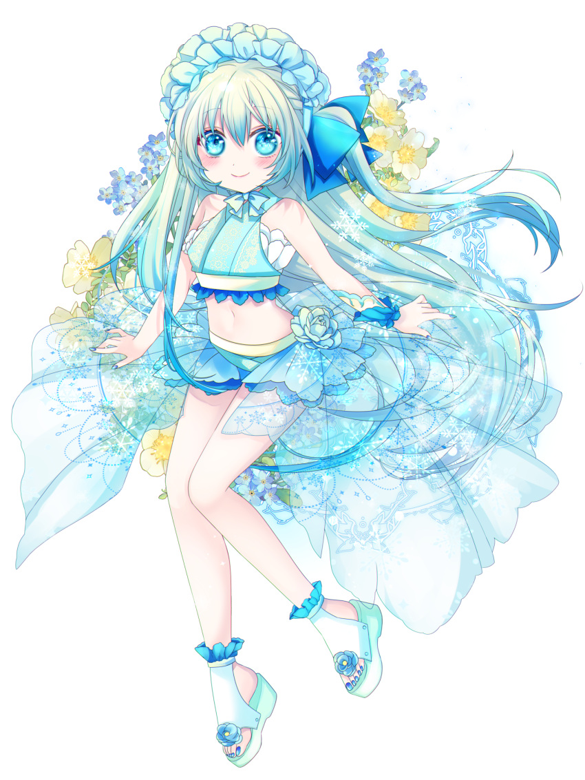 1girl, blue_bow, blue_eyes, blue_nails, blue_skirt, blush, bow, dairoku_ryouhei