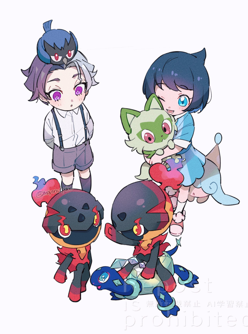 1boy, 1girl, aged_down, amethio_(pokemon), black_hair, blue_eyes, blue_hair, blush