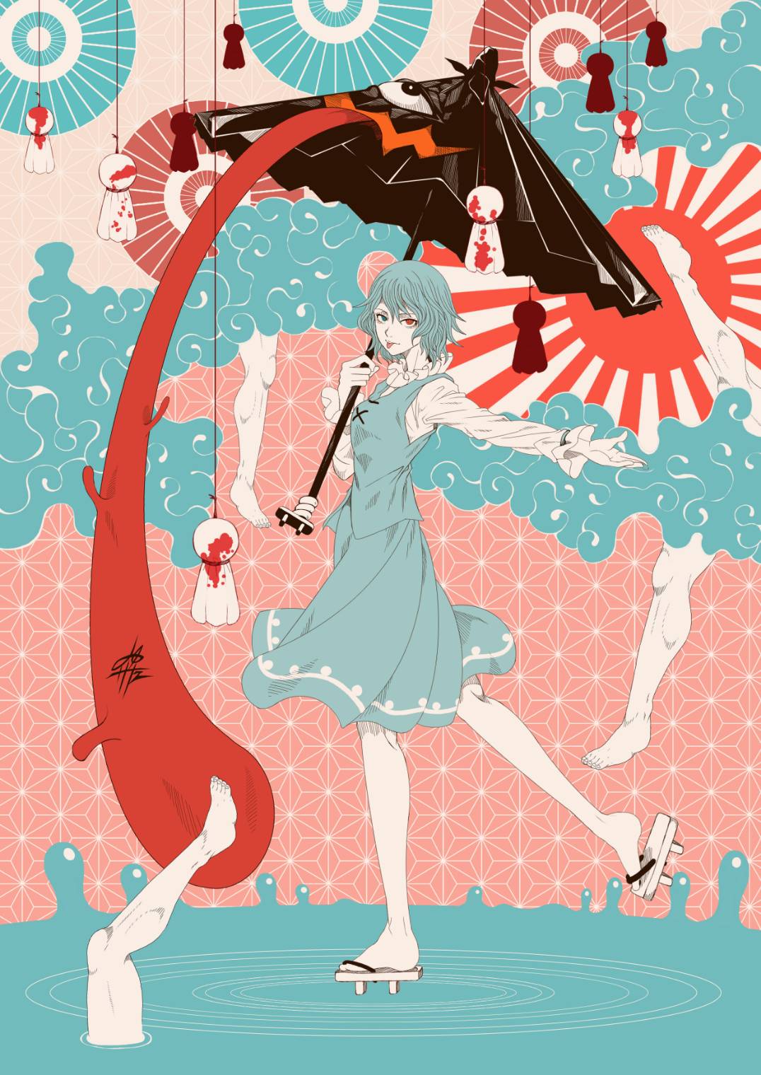 1girl, :p, blue_eyes, blue_hair, clouds, commentary_request, full_body, geta