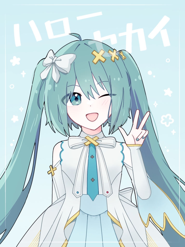 1girl, ahoge, aqua_background, aqua_eyes, aqua_hair, aqua_nails, aqua_necktie, blush, bow, dress, edxx7875, hair_bow, hair_ornament, hatsune_miku, hello_sekai_(vocaloid), hiramado_miku, long_hair, long_sleeves, necktie, official_alternate_costume, official_alternate_hairstyle, open_mouth, pleated_skirt, project_sekai, simple_background, skirt, sleeveless, sleeveless_dress, sleeves_past_wrists, smile, solo, twintails, very_long_hair, vocaloid, white_bow, x_hair_ornament