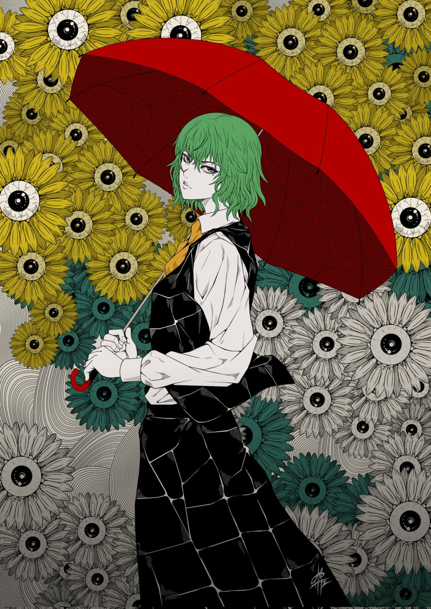 1girl, commentary_request, expressionless, flower, green_hair, highres, kazami_yuuka, limited_palette