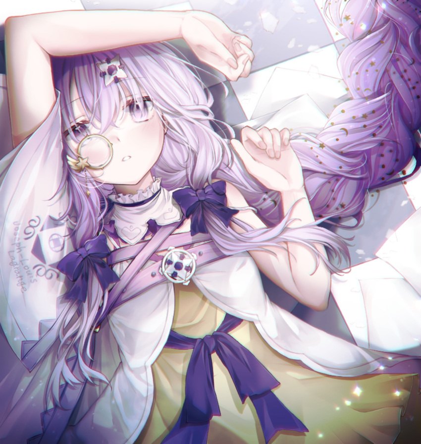 1girl, :o, arcaea, arms_up, bare_shoulders, bow, braid, charon_(arcaea)