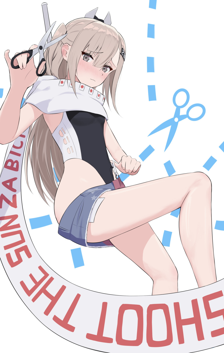 1girl, absurdres, american_flag, american_flag_print, american_flag_skirt, black_one-piece_swimsuit, blush, commentary_request, denim, denim_skirt, english_text, flag_print, grey_eyes, grey_hair, hair_ornament, headgear, highleg, highleg_one-piece_swimsuit, highres, holding, holding_scissors, japanese_flag, kantai_collection, kill_markings, l_meet, long_hair, looking_at_viewer, one-piece_swimsuit, print_skirt, scarf, scissors, skirt, solo, super_highleg, swimsuit, two-tone_one-piece_swimsuit, wahoo_(kancolle), wahoo_kai_(kancolle), white_scarf