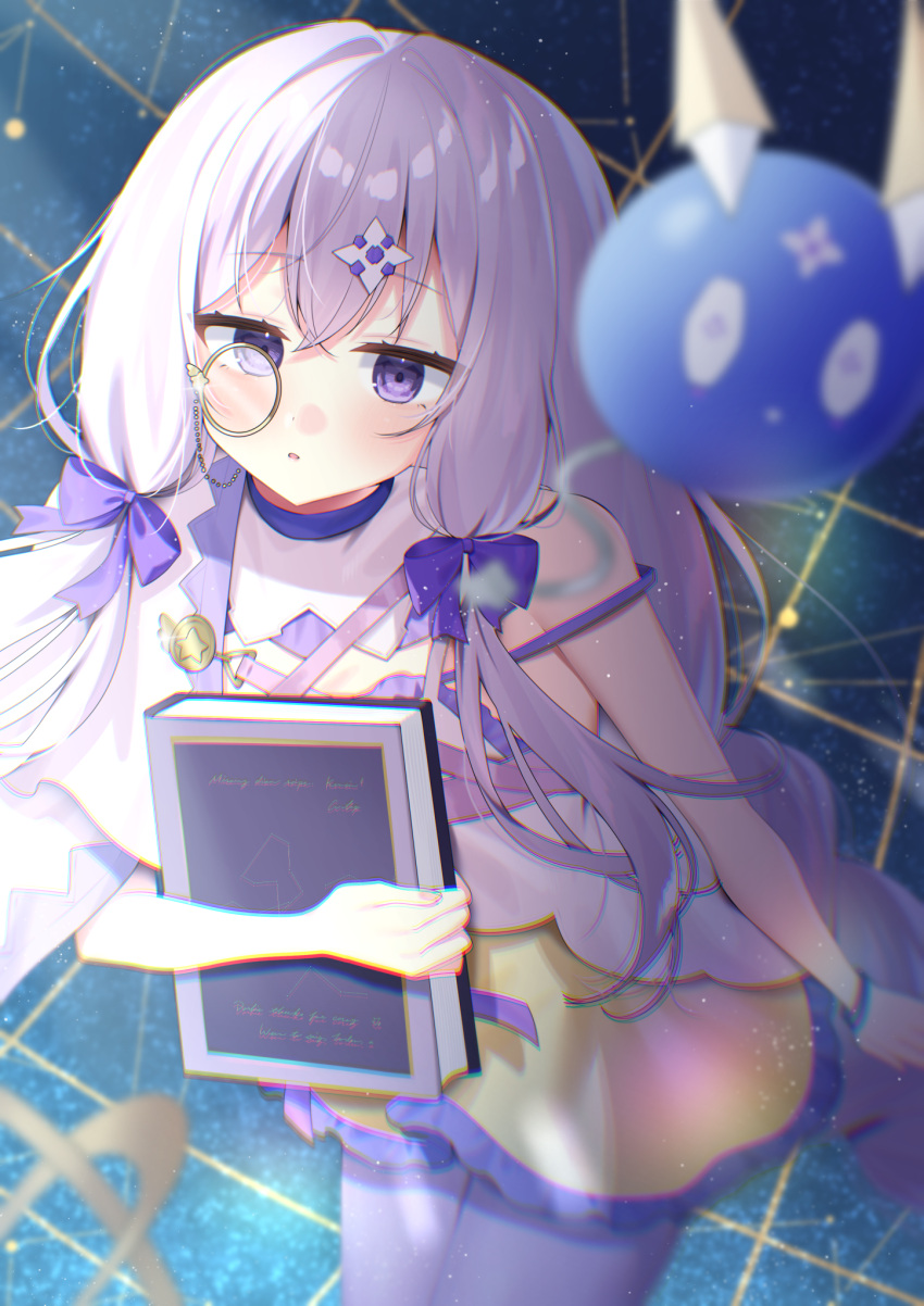 1girl, :o, arcaea, bare_shoulders, book, bow, braid, charon_(arcaea)
