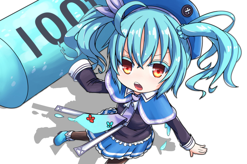 1girl, ahoge, black_pantyhose, black_shirt, blue_boots, blue_capelet, blue_hair, blue_hat