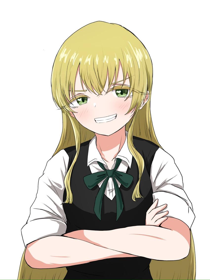1girl, aged_up, black_vest, blonde_hair, collared_shirt, colored_eyelashes, crossed_arms, dei_matsuri