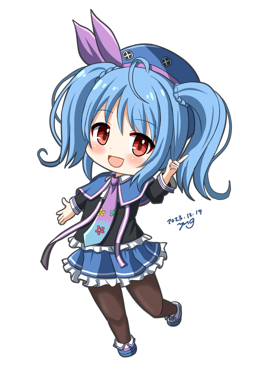 1girl, absurdres, ahoge, artist_name, black_pantyhose, black_shirt, blue_boots, blue_capelet