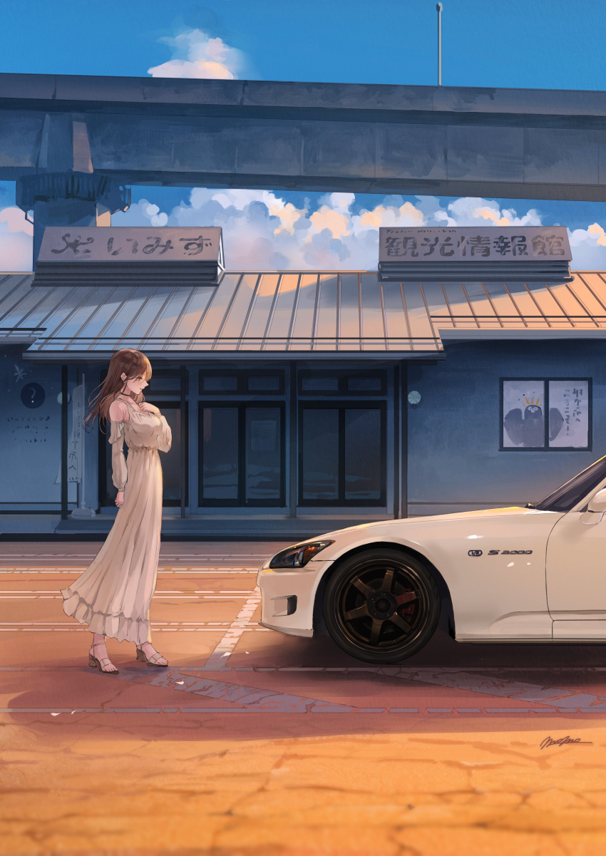 1girl, absurdres, blue_sky, brown_hair, car, clouds, commentary_request, day