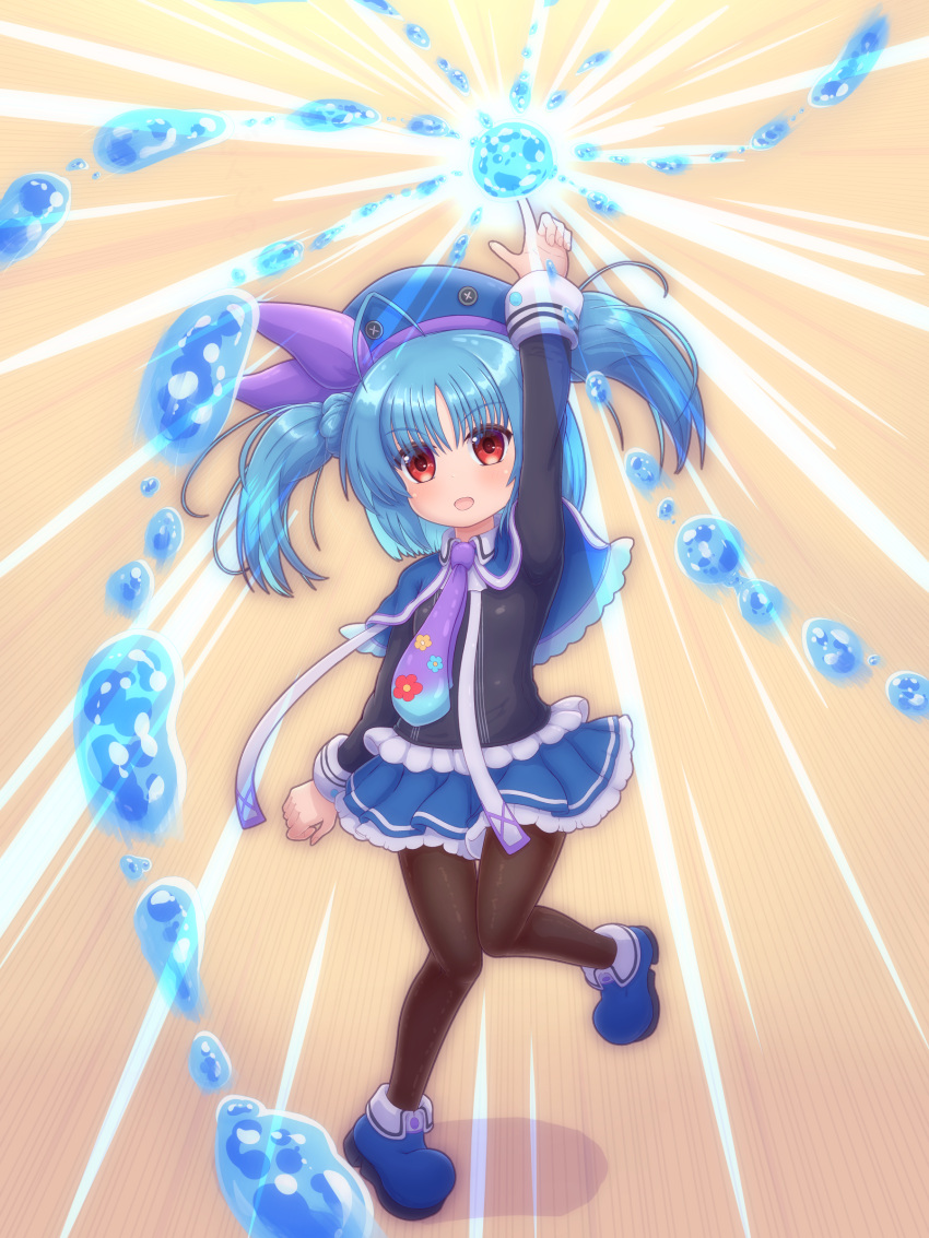 1girl, absurdres, black_pantyhose, blue_boots, blue_capelet, blue_hair, blue_hat, blue_skirt