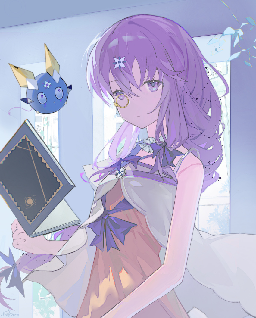 1girl, absurdres, arcaea, bare_shoulders, book, bow, braid, charon_(arcaea)