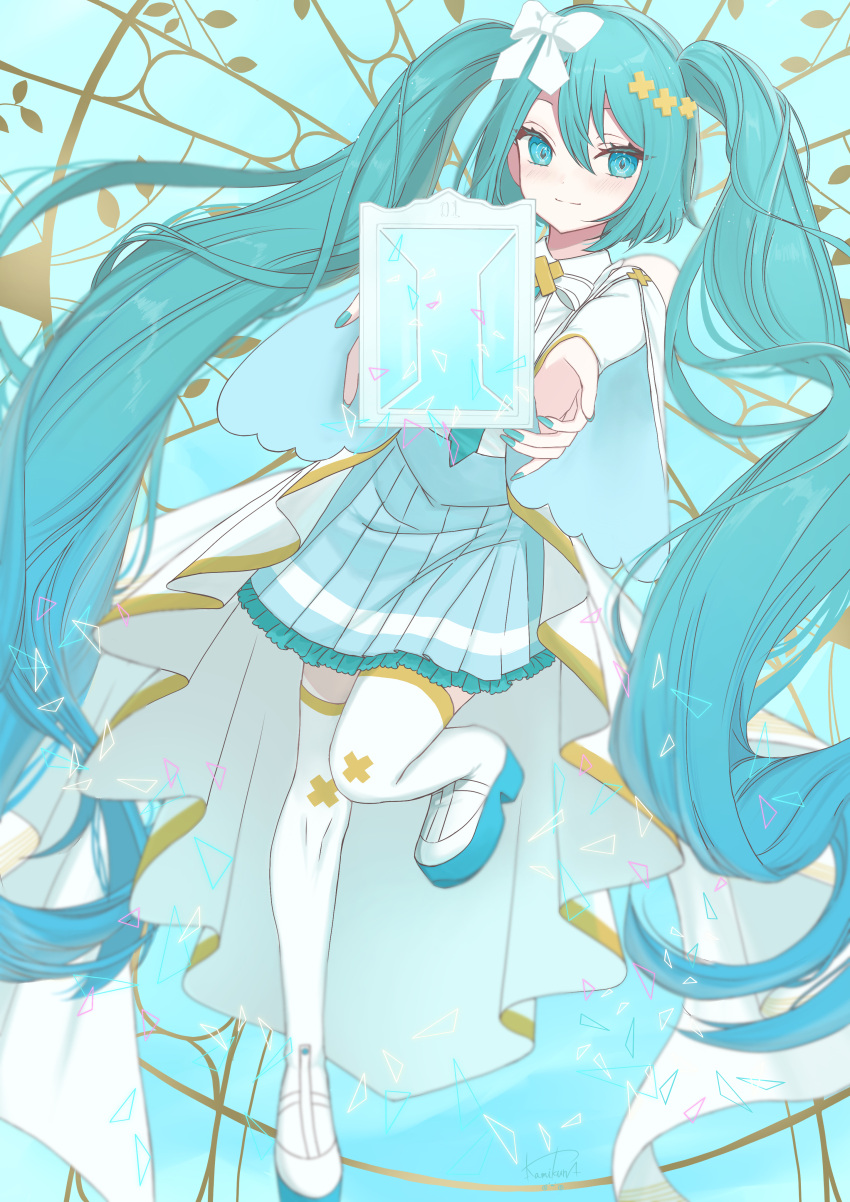 1girl, absurdres, aqua_eyes, aqua_hair, aqua_nails, aqua_skirt, blush, bow, closed_mouth, dress, hair_between_eyes, hair_bow, hair_ornament, hatsune_miku, highres, hiramado_miku, kowareta_sekai_to_utaenai_miku, long_hair, long_sleeves, official_alternate_costume, official_alternate_hairstyle, okimono-kururi, pleated_skirt, project_sekai, reaching, reaching_towards_viewer, shoes, skirt, smile, solo, spoilers, thigh-highs, twintails, very_long_hair, vocaloid, white_bow, white_dress, white_shoes, white_thighhighs, wide_sleeves, x_hair_ornament, yellow_trim