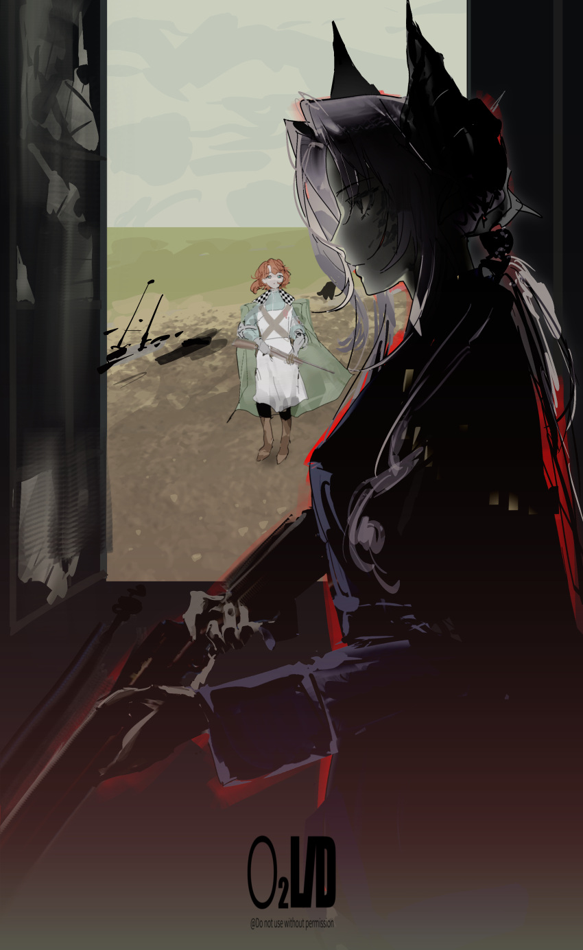 1917_(movie), 2girls, absurdres, black_cape, blue_jacket, blue_shirt, boots, brown_boots