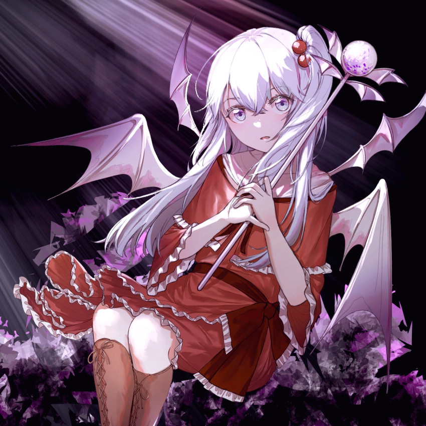 1girl, bow, breasts, capelet, dress, grey_eyes, grey_hair, hair_bobbles, hair_ornament, highres, holding, holding_wand, long_hair, multiple_wings, one_side_up, open_mouth, red_dress, shinki_(touhou), sly930105, solo, touhou, touhou_(pc-98), wand, white_hair, wings
