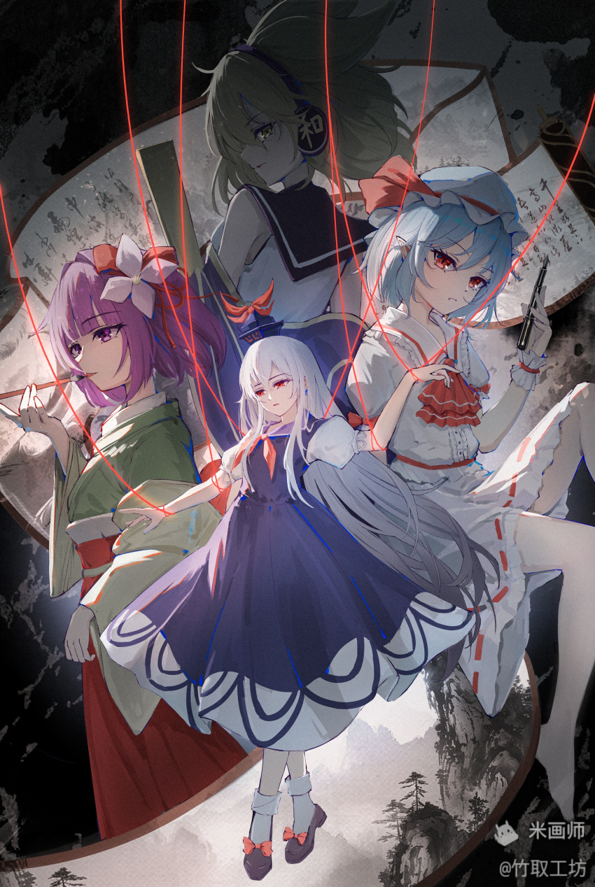 4girls, absurdres, ascot, black_shoes, blonde_hair, blue_dress, blue_hair, blue_hat
