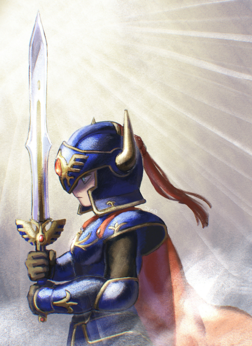 1boy, absurdres, armor, black_bodysuit, blue_armor, blue_eyes, bodysuit, cape