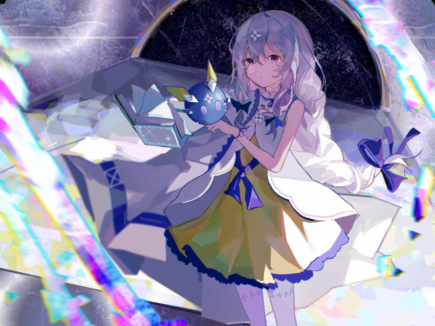 1girl, arcaea, bare_shoulders, book, bow, braid, charon_(arcaea), collar