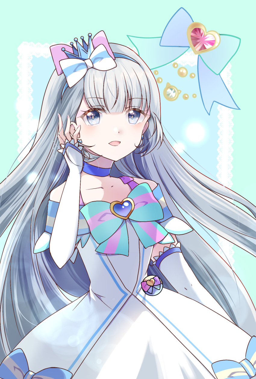 1girl, blue_bow, blue_choker, blue_crown, bow, brooch, choker, collarbone