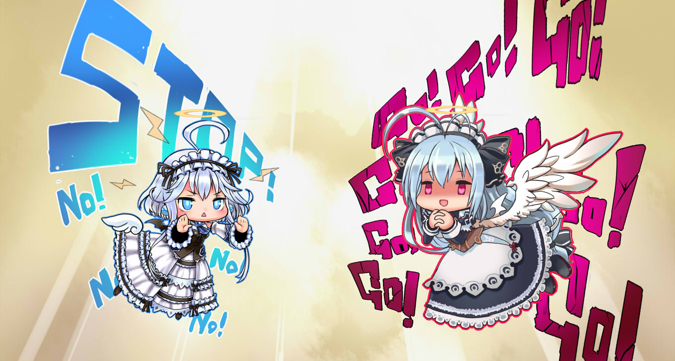 2girls, ahoge, ajitarou_(setsu), apron, black_boots, black_ribbon, blue_eyes, boots