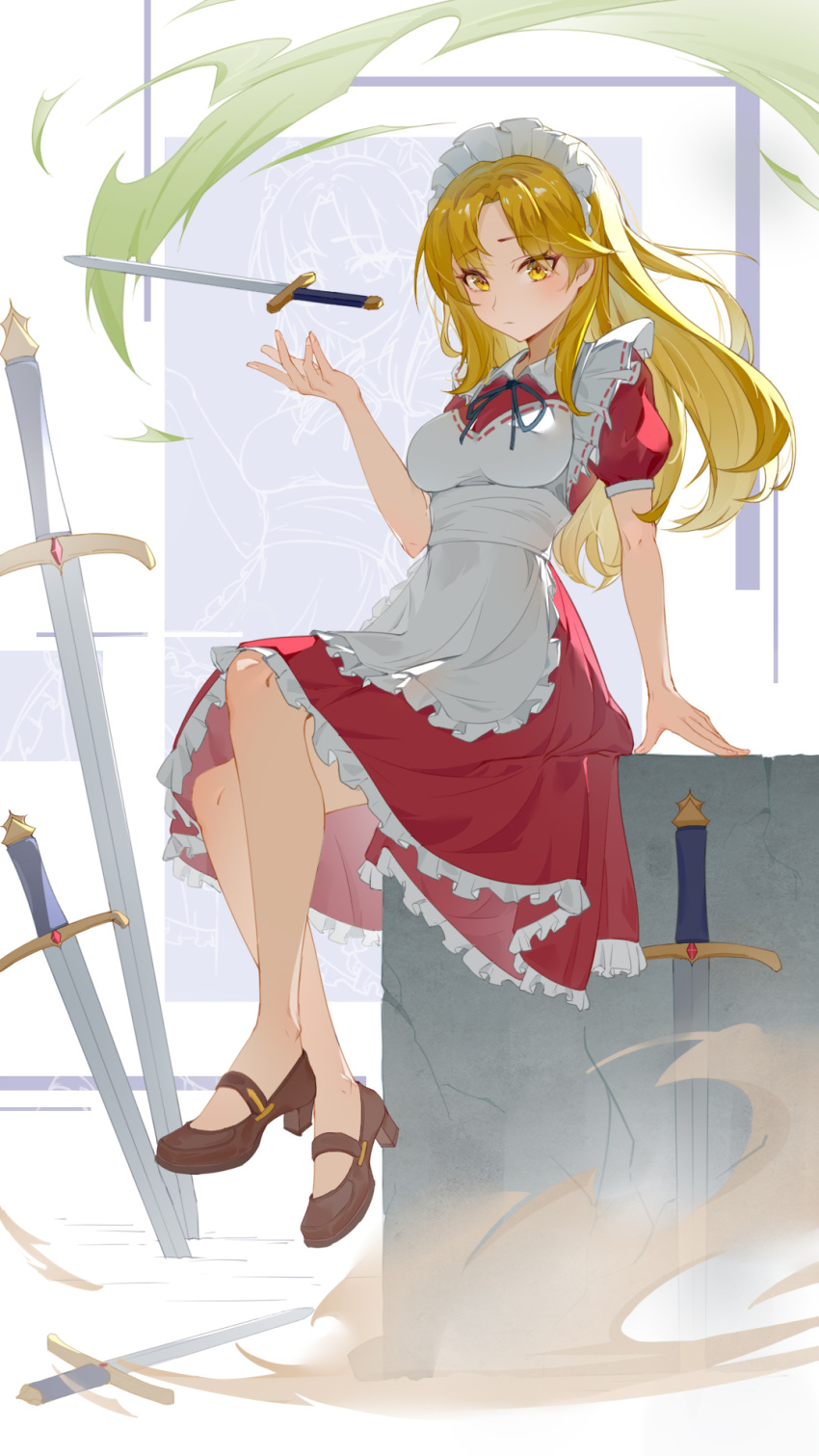 1girl, apron, backlighting, blonde_hair, bow, brown_shoes, dian_point, dress