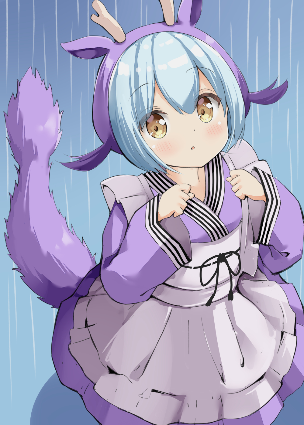1girl, apron, blue_hair, blue_kimono, blush, dragon_girl, dragon_horns, dragon_tail, duel_monster, eastern_dragon_horns, frilled_apron, frills, gununu_elf, hair_between_eyes, highres, horns, japanese_clothes, kimono, laundry_dragonmaid, long_sleeves, maid, maid_apron, open_mouth, short_hair, short_twintails, solo, tail, twintails, wa_maid, white_apron, wide_sleeves, yellow_eyes, yu-gi-oh!