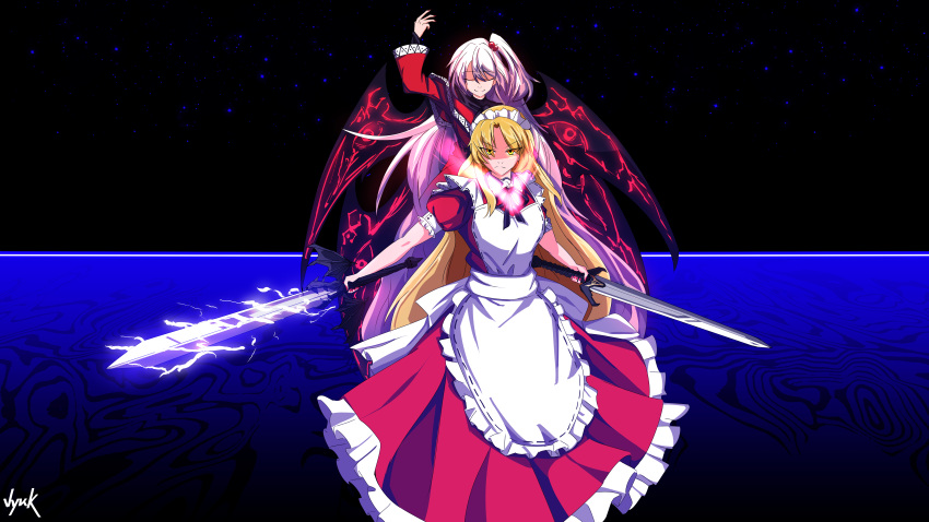 absurdres, apron, blonde_hair, blue_eyes, bow, breasts, dress, dual_wielding