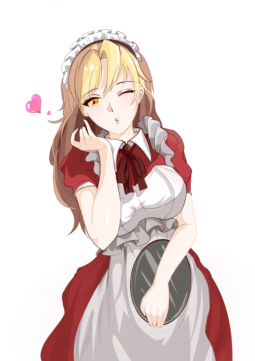 1girl, absurdres, apron, blonde_hair, blowing_kiss, bow, breasts, dress, dxt, frills, hair_ornament, heart, highres, holding, holding_plate, long_hair, maid, maid_headdress, plate, puffy_short_sleeves, puffy_sleeves, red_dress, ribbon, short_sleeves, smile, solo, touhou, touhou_(pc-98), yellow_eyes, yumeko_(touhou)