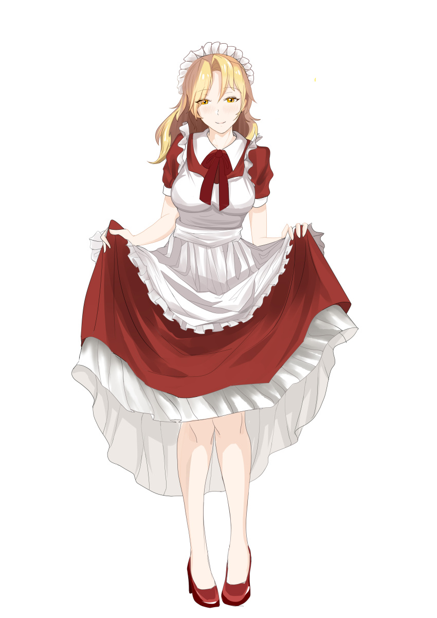 1girl, absurdres, apron, blonde_hair, bow, dress, dxt, frills