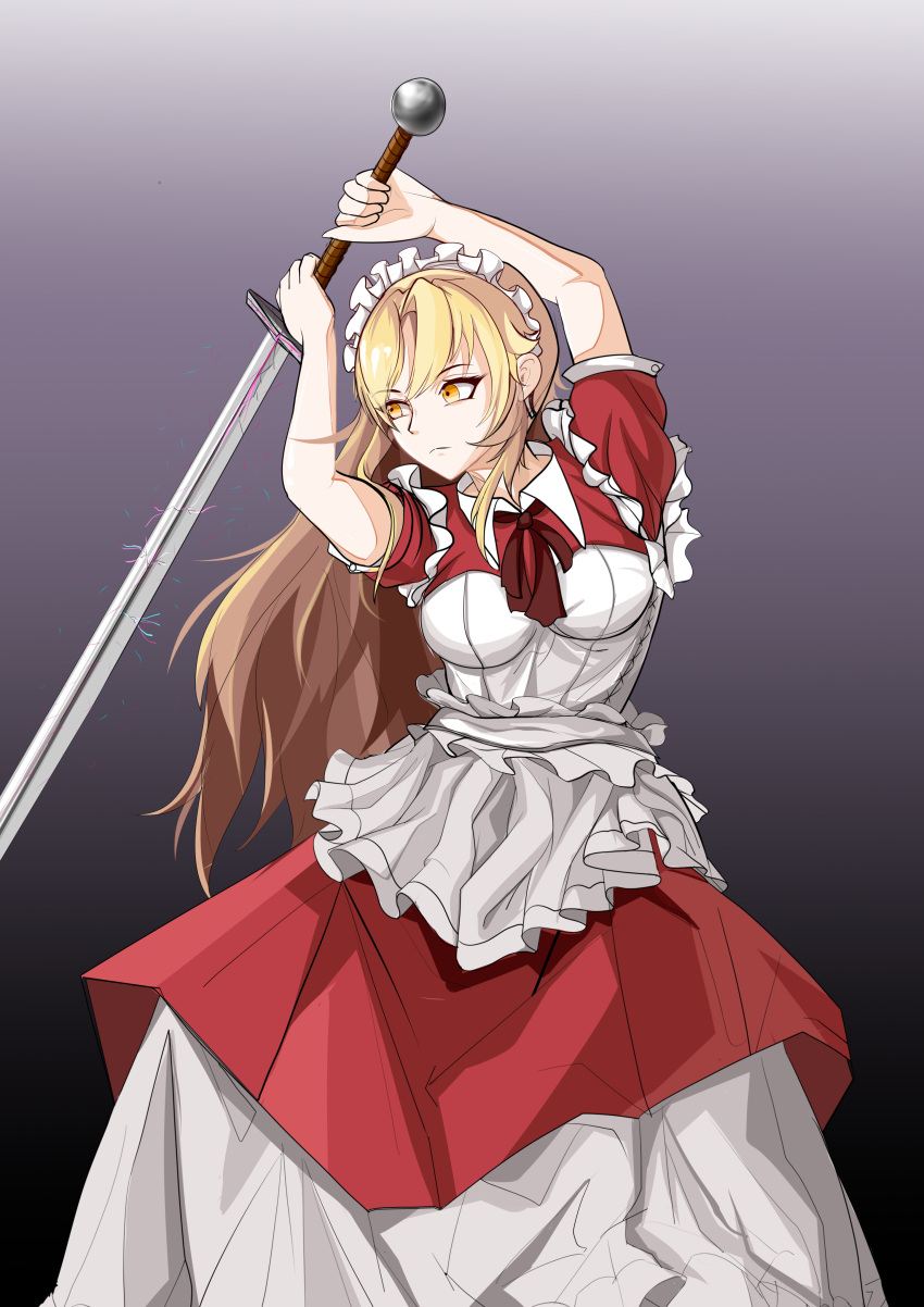 1girl, absurdres, apron, blonde_hair, bow, breasts, dress, dxt, frills, hair_ornament, highres, holding, holding_sword, holding_weapon, long_hair, maid, maid_headdress, puffy_short_sleeves, puffy_sleeves, red_dress, ribbon, short_sleeves, smile, solo, sword, touhou, touhou_(pc-98), weapon, wings, yellow_eyes, yumeko_(touhou)