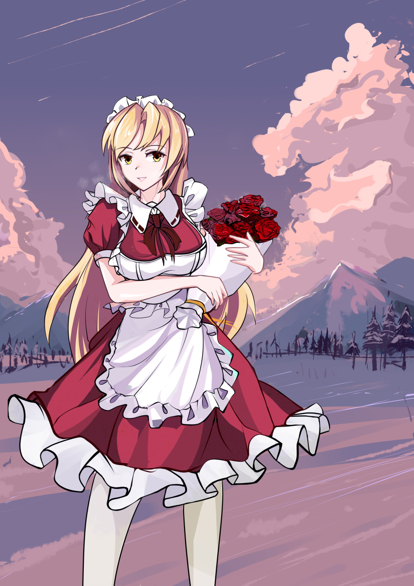 1girl, absurdres, apron, blonde_hair, dress, dxt, flower, frills, hair_ornament, highres, holding, holding_flower, long_hair, maid, maid_headdress, puffy_short_sleeves, puffy_sleeves, red_dress, ribbon, rose, short_sleeves, smile, snow, solo, touhou, touhou_(pc-98), tree, tundra, yellow_eyes, yumeko_(touhou)
