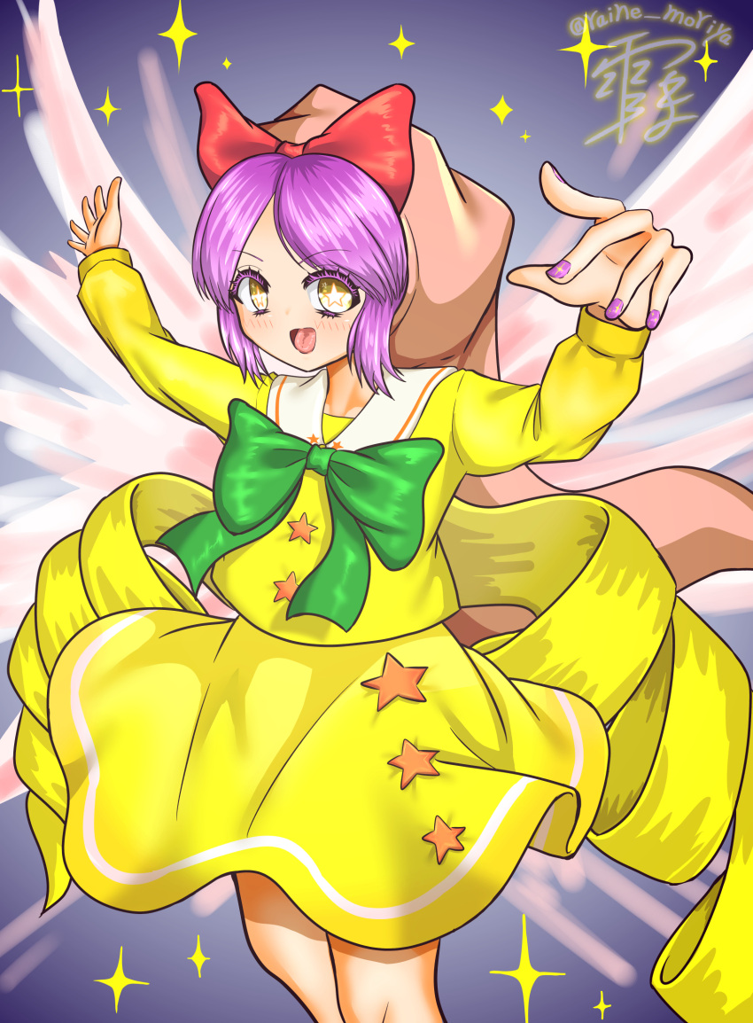 +_+, artist_name, blonde_hair, bow, dress, flying, hair_bow, hat