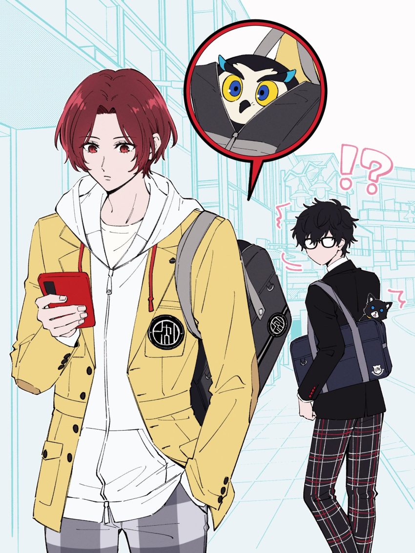 amamiya_ren, bag, bird, black_hair, cat, glasses, highres, hood