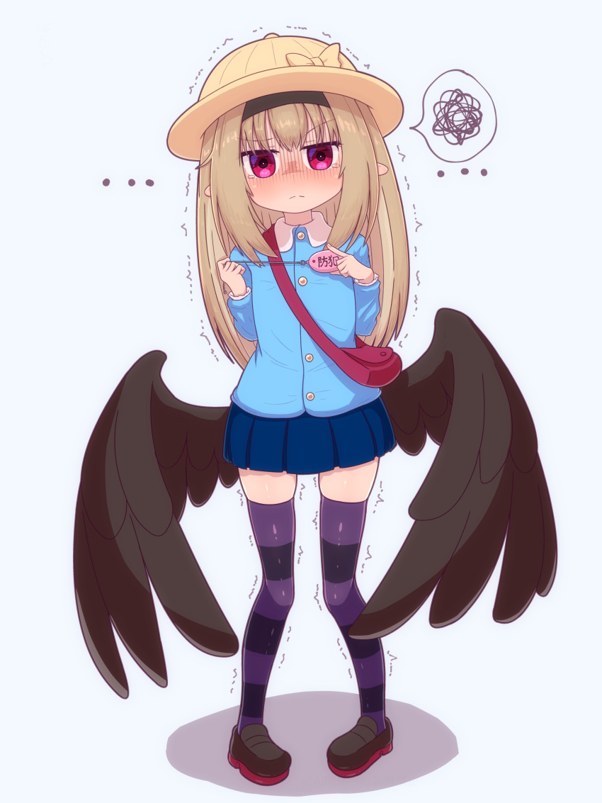 1girl, absurdres, bag, black_boots, blonde_hair, blue_shirt, blue_skirt, boots