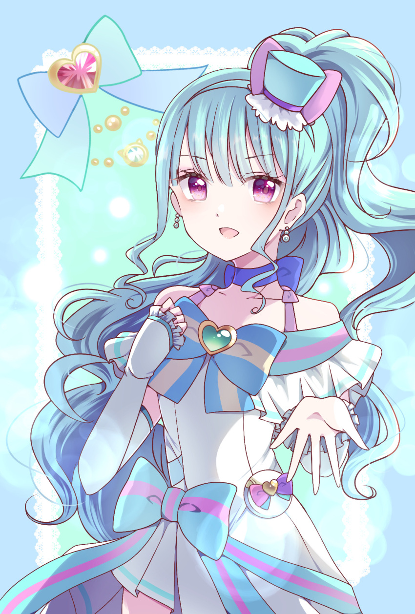 1girl, aqua_dress, aqua_hair, arm_warmers, bow, bowtie, brooch, collarbone