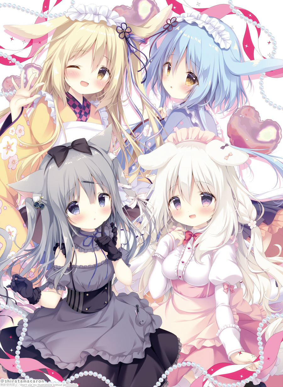 4girls, :d, :o, ;d, amairo_chocolata, animal_ears, apron, black_gloves
