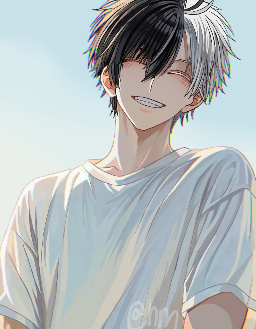 1boy, black_hair, blush, closed_eyes, grey_hair, hyohls2_(hamao3o), male_focus, multicolored_hair