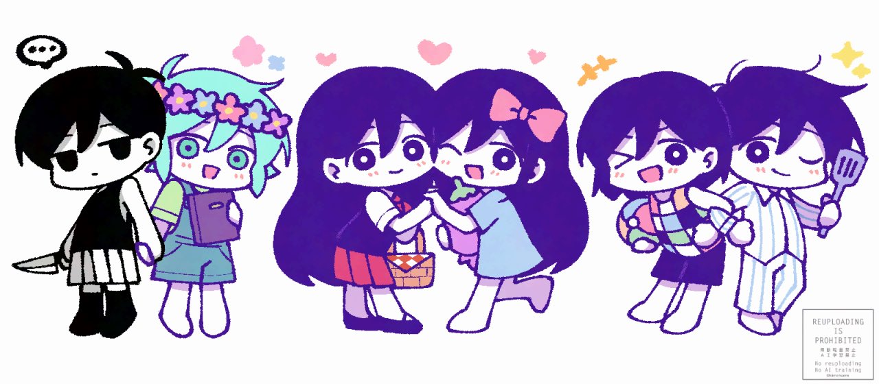 >_o, +++, ..., 2girls, 4boys, antenna_hair, aubrey_(headspace)_(omori), aubrey_(omori)