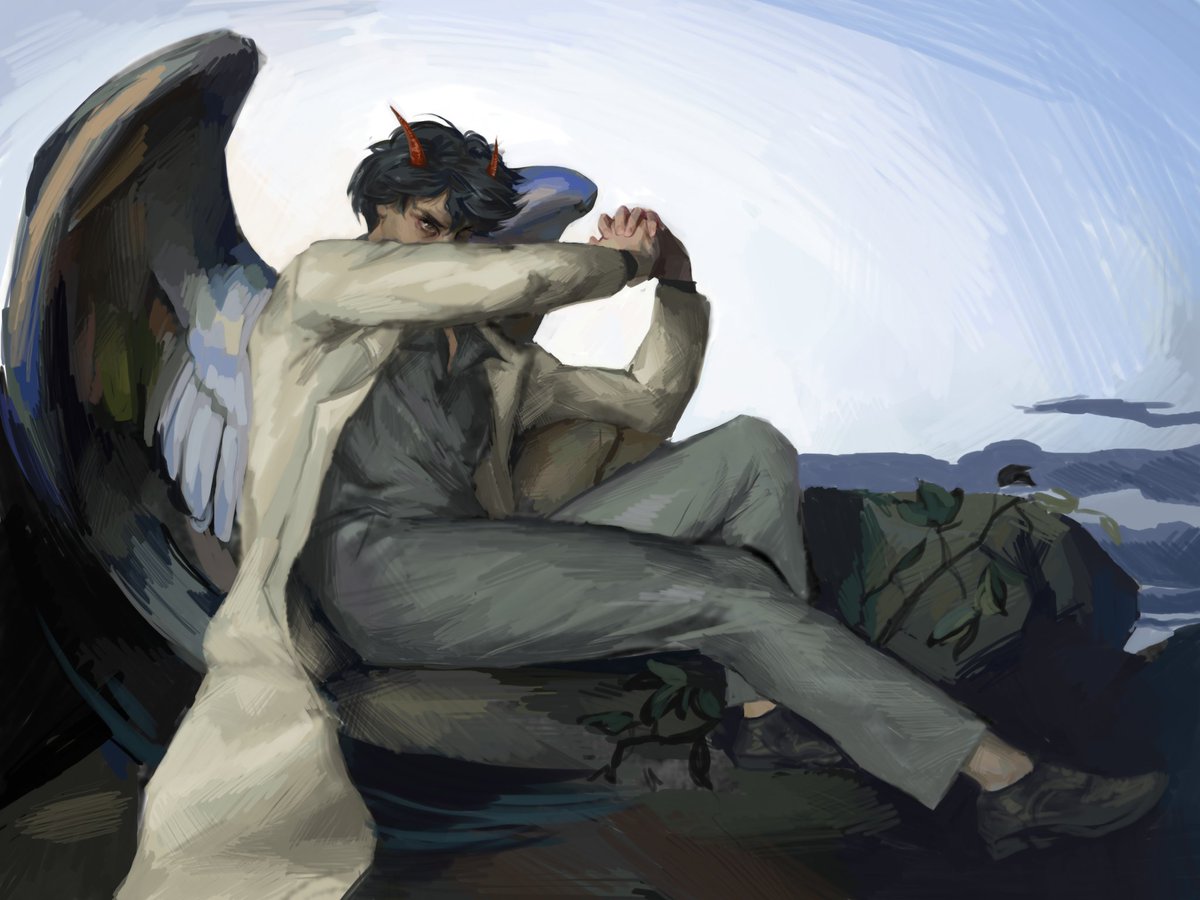 1boy, black_eyes, black_hair, black_shirt, black_wings, coat, collared_shirt, demon_horns