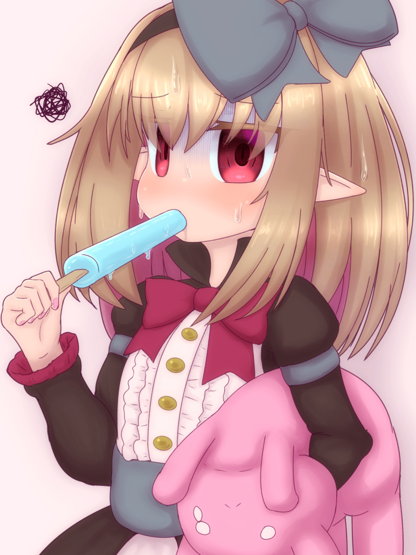 absurdres, annoyed, black_hairband, black_ribbon, blonde_hair, dark_feather_alma, eating, emil_chronicle_online