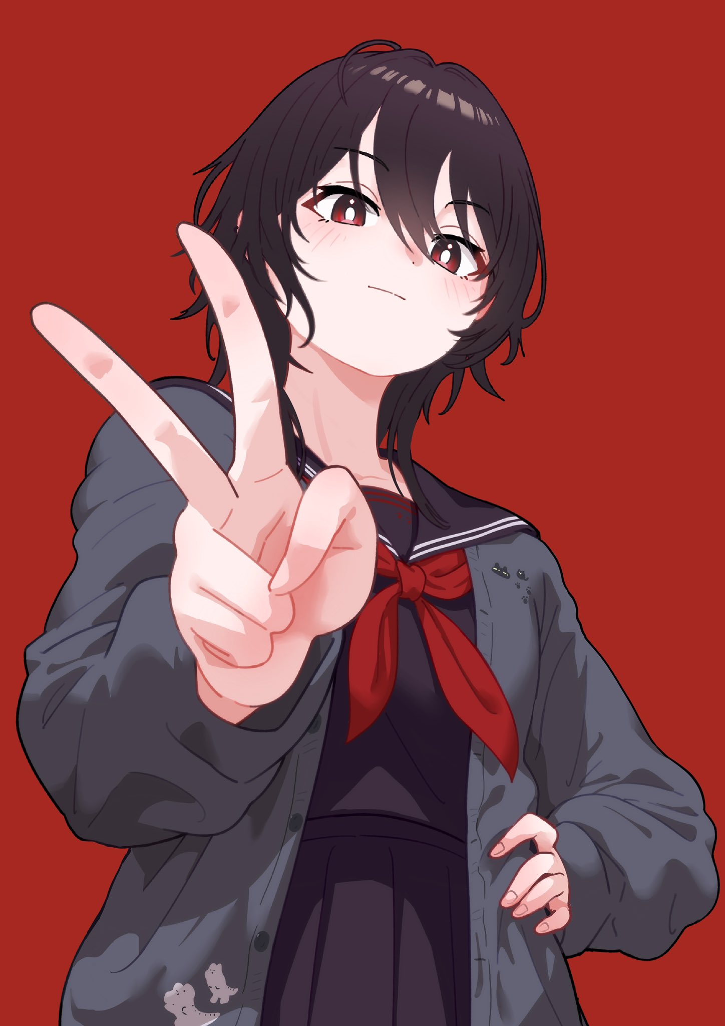 1girl, black_hair, black_shirt, black_skirt, blush, from_below, grey_jacket, hand_on_own_hip