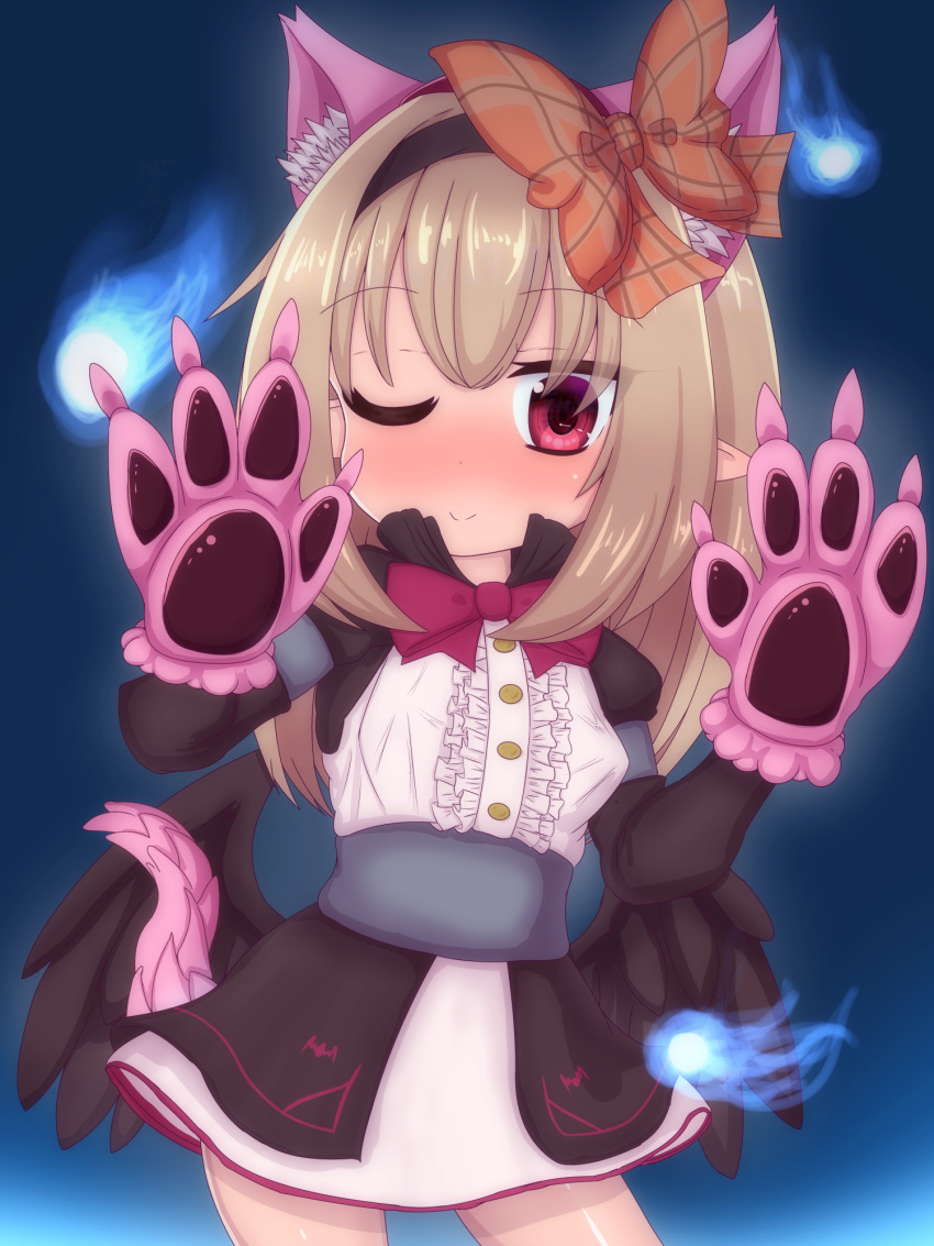 animal_ear_hairband, animal_ears, animal_hands, black_capelet, black_hairband, black_wings, blush, capelet