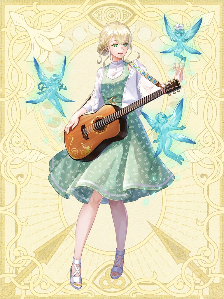 1girl, :d, acoustic_guitar, blonde_hair, cardigan, chain_paradox, dress, dress_shirt, fairy, full_body, green_dress, green_eyes, guitar, hair_between_eyes, hair_bun, holding, holding_instrument, instrument, long_sleeves, looking_at_another, looking_to_the_side, medium_dress, mini_person, minigirl, open_cardigan, open_clothes, patterned_clothing, pinafore_dress, print_dress, sandals, scallgo, shirt, sidelocks, single_hair_bun, size_difference, sleeveless, sleeveless_dress, sleeveless_shirt, smile, solo_focus, standing, white_cardigan, white_sandals, white_shirt, yellow_background