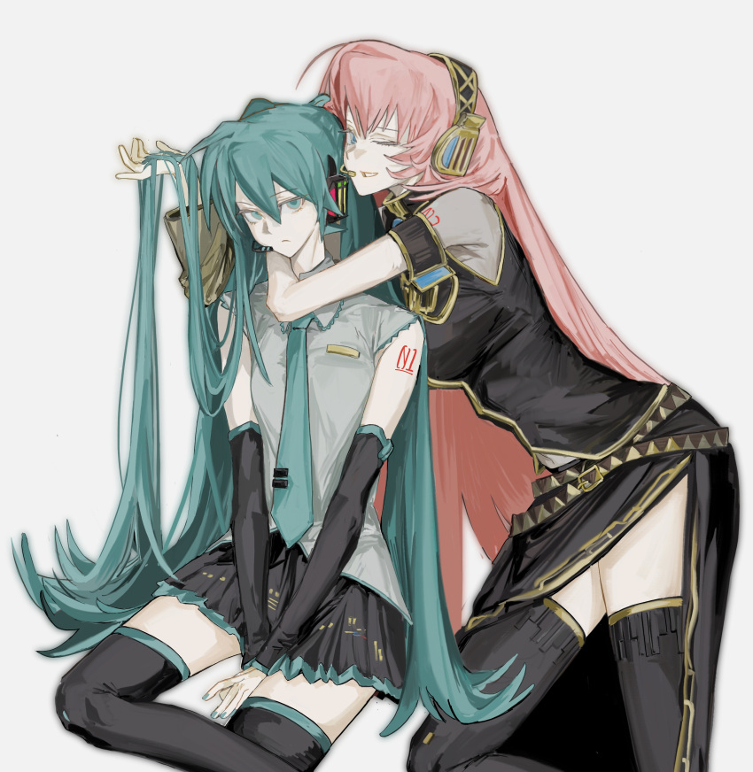 2girls, ?, absurdres, adapted_costume, aqua_eyes, aqua_hair, aqua_nails, aqua_trim
