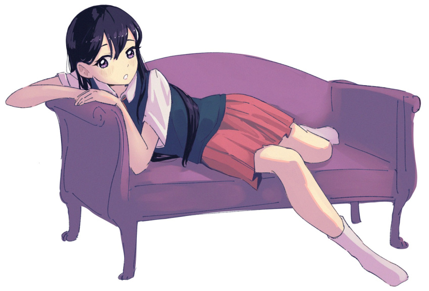 1girl, black_hair, blue_sweater_vest, collared_shirt, commentary, couch, dendenmushi1064, double-parted_bangs